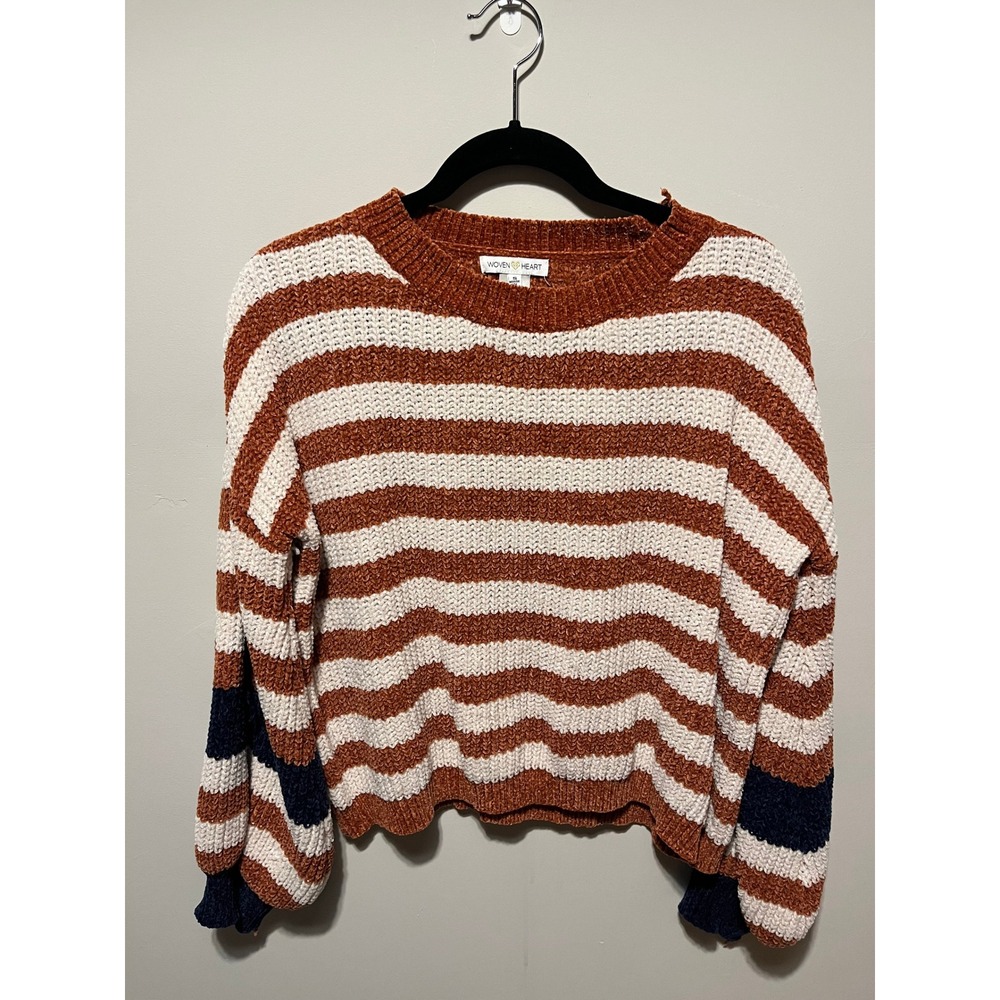Woven Heart Chenille Striped Sweater Womens Small Burnt Orange Cream Navy Blue
